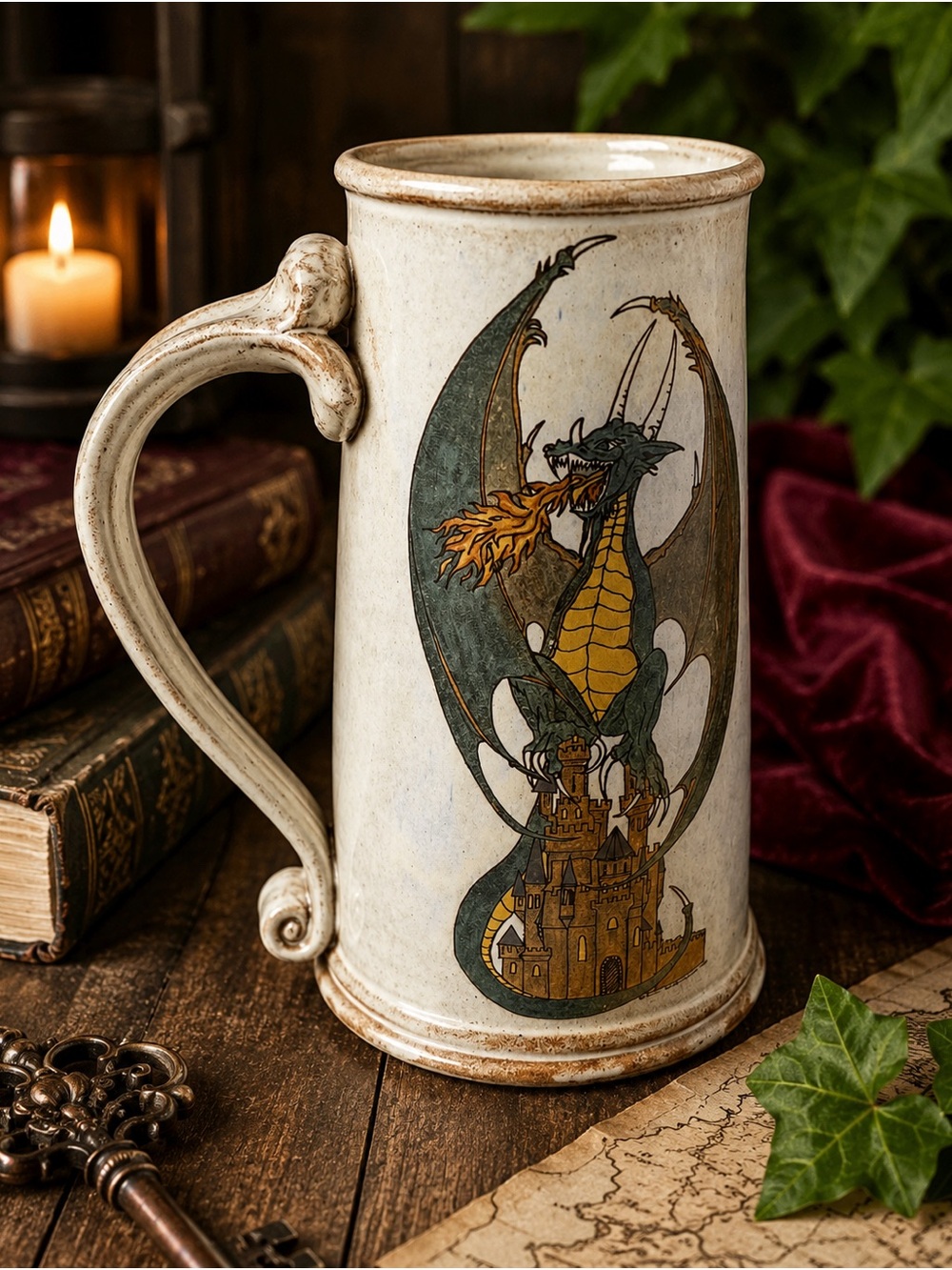 Vintage The Clay Magician Dragon Castle Stoneware Tankard Mug